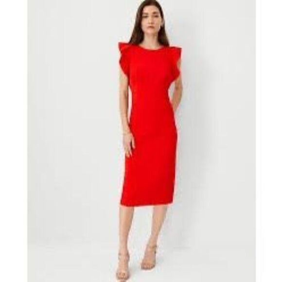 Ann Taylor Size 12 Ruffle Shoulder Sheath Dress Bright Red Career Cocktail NWT - Picture 1 of 9